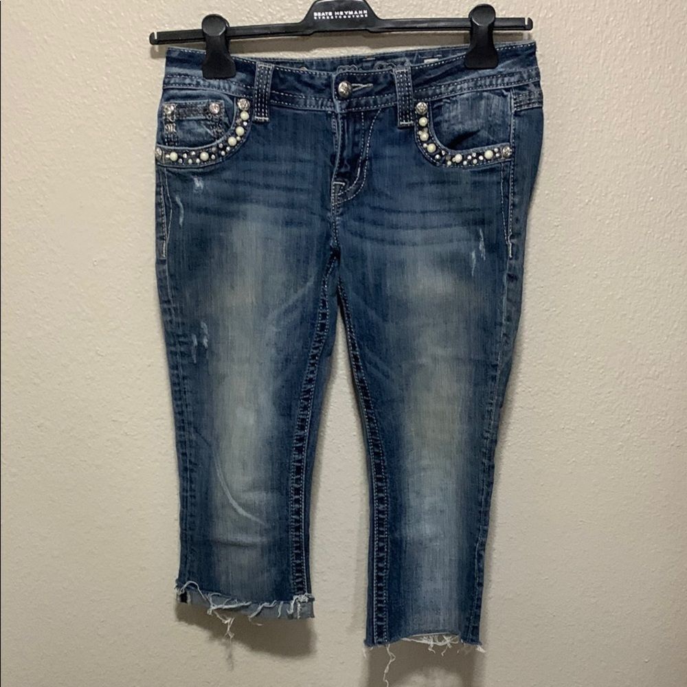 Miss Me Blue Cropped Jeans with Distressed Hem
